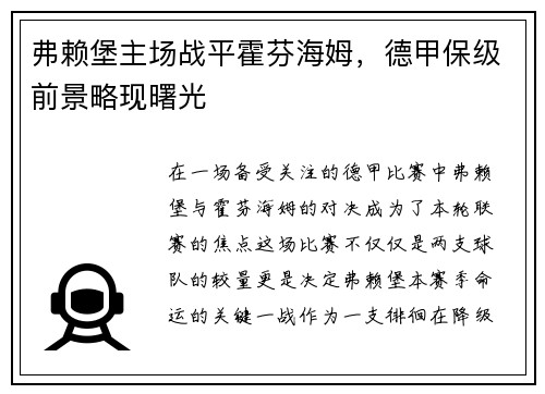 弗赖堡主场战平霍芬海姆，德甲保级前景略现曙光